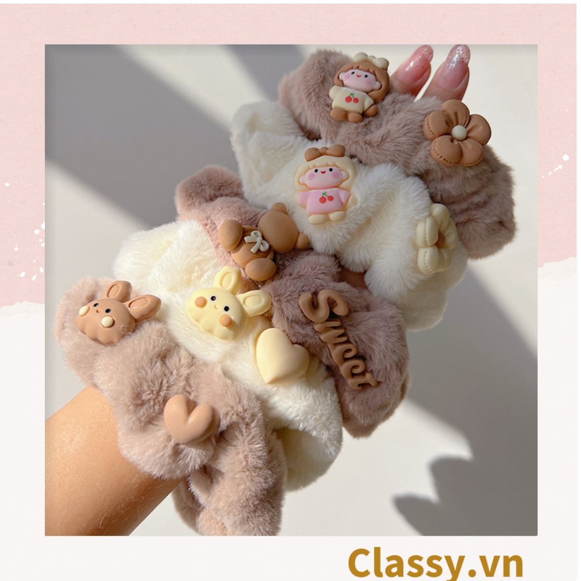  Dây cột tóc scrunchies bằng bằng lông, đính họa tiết hoạt hình cún, gấu giao ngẫu nhiên mix hàn quốc dành cho nữ PK1676 