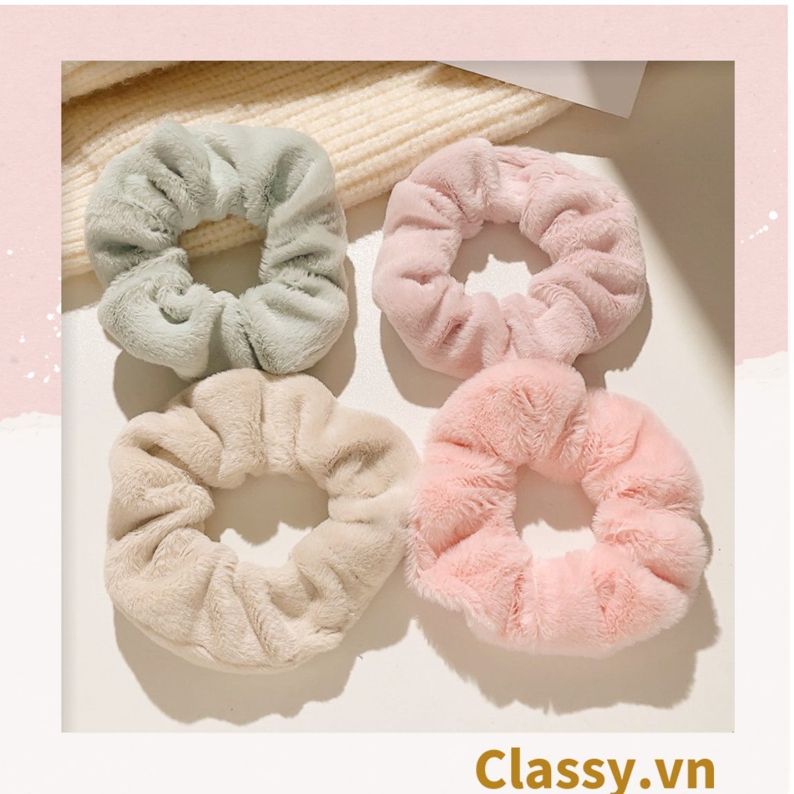  Dây cột tóc scrunchies bằng đính lông nhiều màu pastel nhã nhặn thanh lịch PK1678 