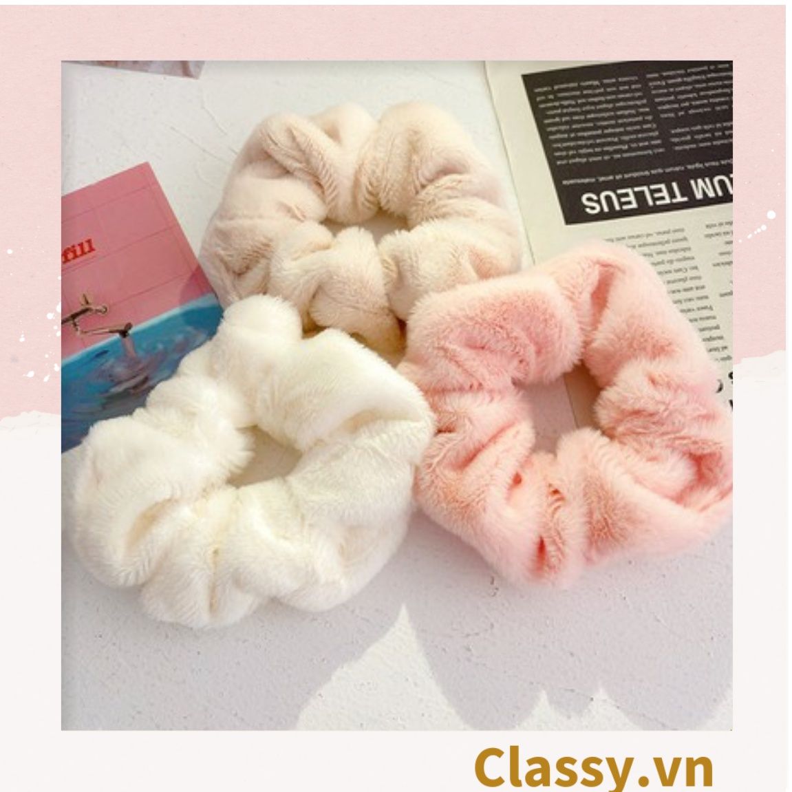  Dây cột tóc scrunchies bằng đính lông nhiều màu pastel nhã nhặn thanh lịch PK1678 