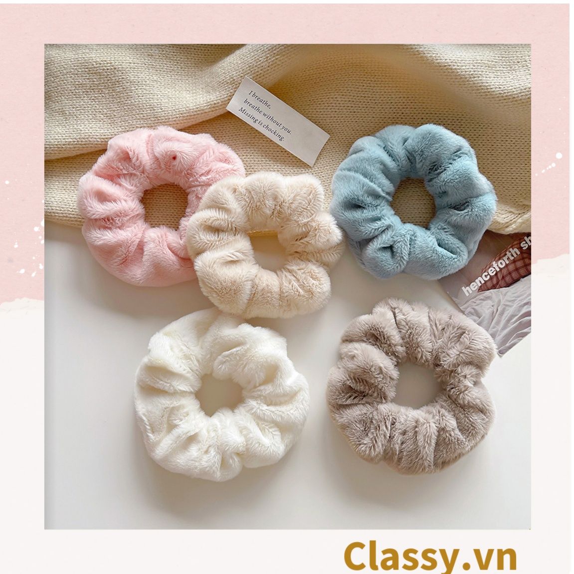  Dây cột tóc scrunchies bằng đính lông nhiều màu pastel nhã nhặn thanh lịch PK1678 