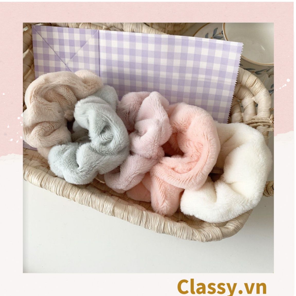 [GIAO HÀNG 7-25 NGÀY]  Dây cột tóc scrunchies bằng đính lông nhiều màu pastel nhã nhặn thanh lịch PK1678 
