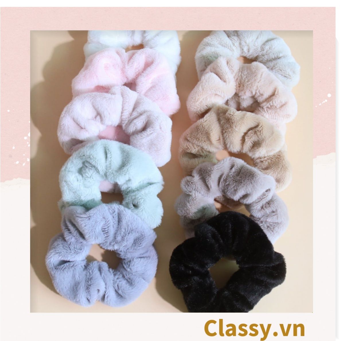  Dây cột tóc scrunchies bằng đính lông nhiều màu pastel nhã nhặn thanh lịch PK1678 