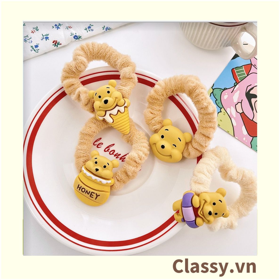  Classy Dây Thun dây Cột Tóc bọc vải satin phi bóng Họa Tiết gấu Pooh Dễ Thương Dành Cho Nữ PK1679 