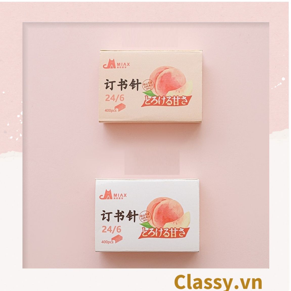  [GIAO HÀNG 7-25 NGÀY]  Classy Bộ 400 Ghim bấm giấy dập ghim màu hồng đào xinh xắn, đi kèm bấm giấy văn phòng phẩm tiện lợi PK1694 