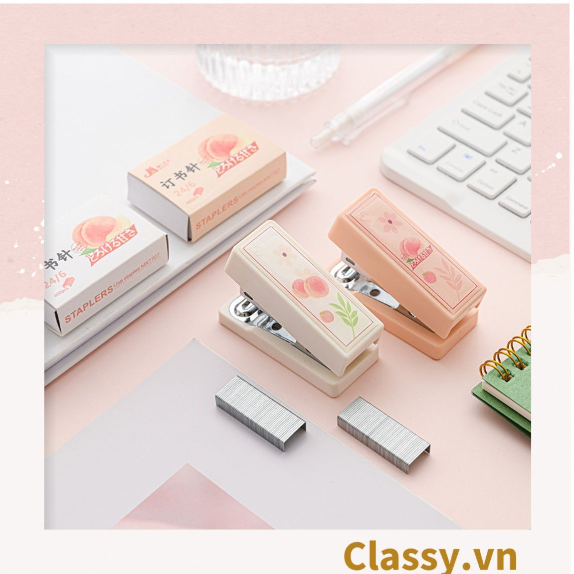  [GIAO HÀNG 7-25 NGÀY]  Classy Bộ 400 Ghim bấm giấy dập ghim màu hồng đào xinh xắn, đi kèm bấm giấy văn phòng phẩm tiện lợi PK1694 
