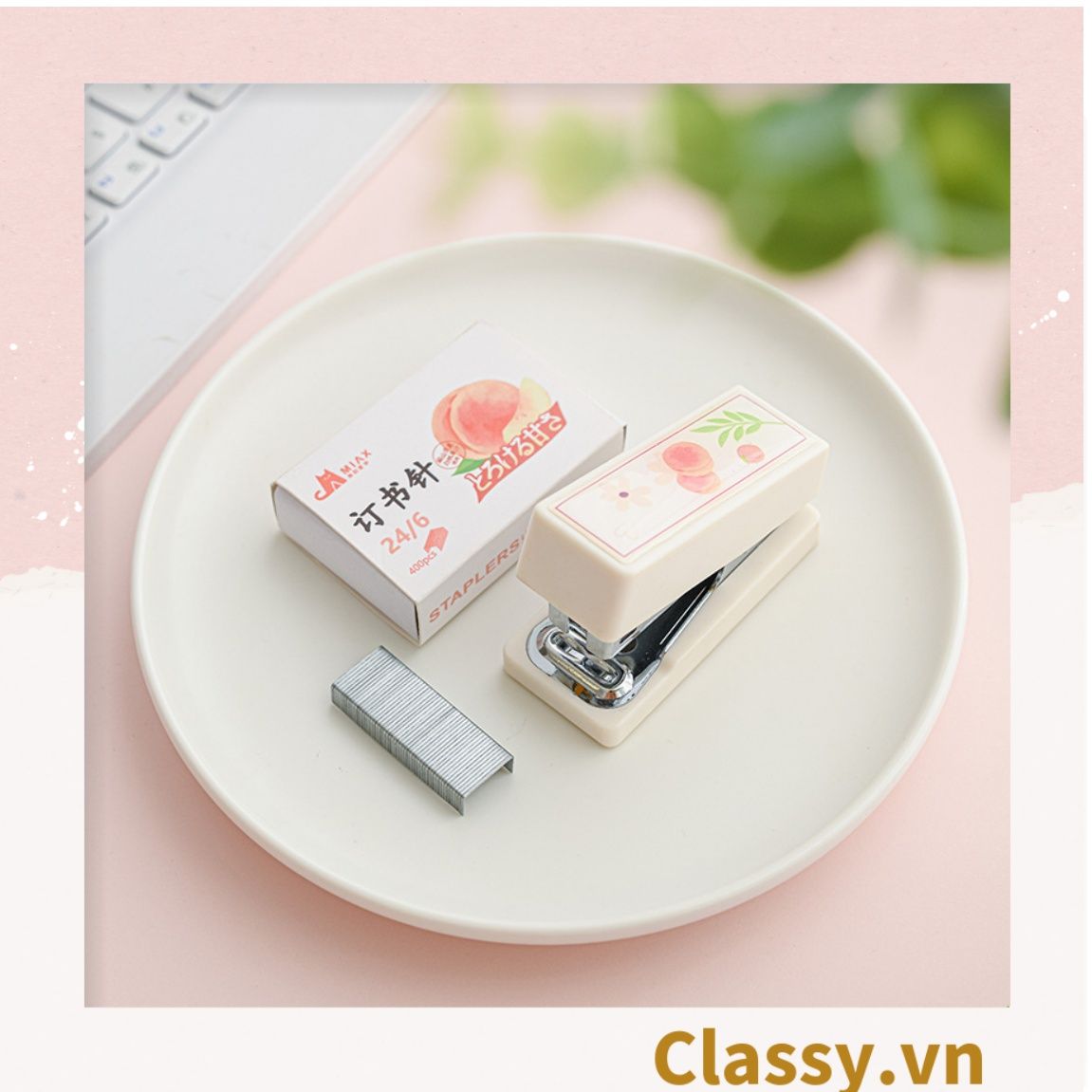  [GIAO HÀNG 7-25 NGÀY]  Classy Bộ 400 Ghim bấm giấy dập ghim màu hồng đào xinh xắn, đi kèm bấm giấy văn phòng phẩm tiện lợi PK1694 