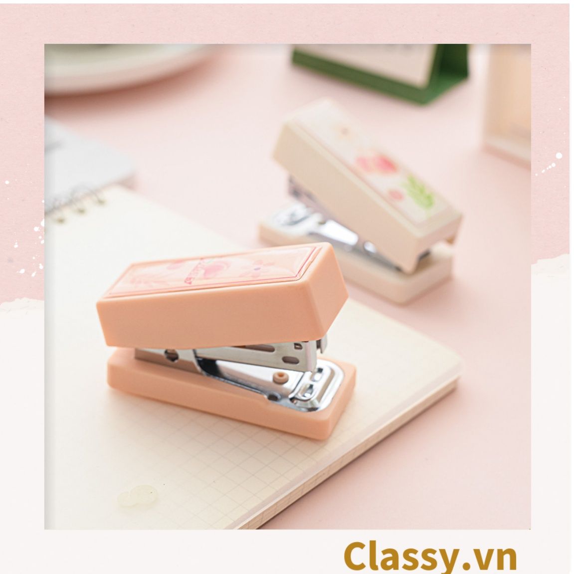  Classy Bộ 400 Ghim bấm giấy dập ghim màu hồng đào xinh xắn, đi kèm bấm giấy văn phòng phẩm tiện lợi PK1694 