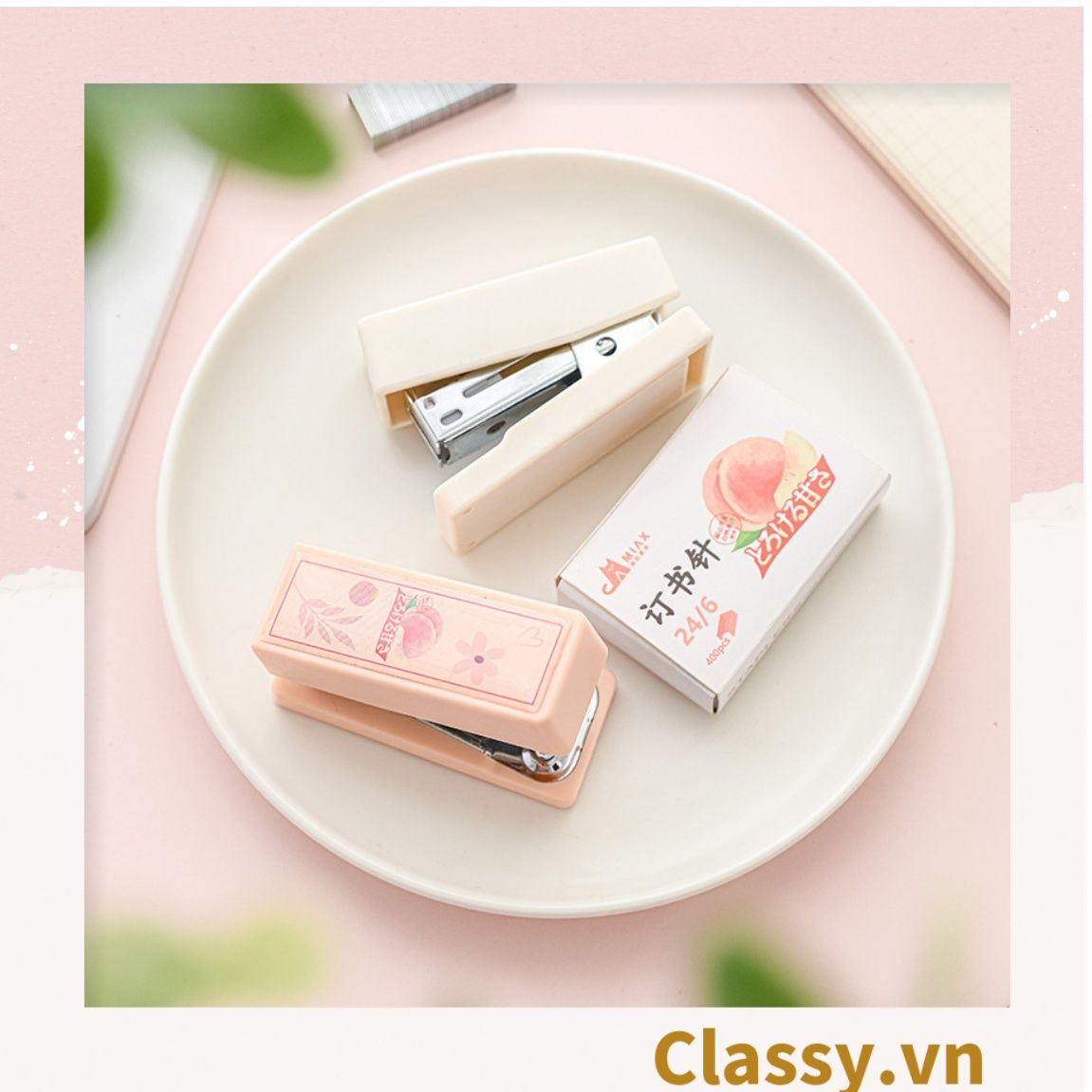  [GIAO HÀNG 7-25 NGÀY]  Classy Bộ 400 Ghim bấm giấy dập ghim màu hồng đào xinh xắn, đi kèm bấm giấy văn phòng phẩm tiện lợi PK1694 