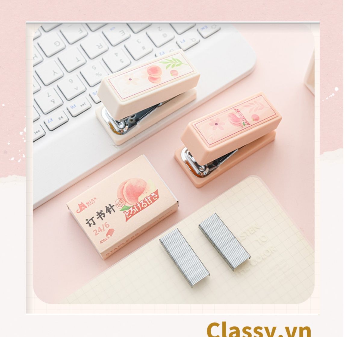  [GIAO HÀNG 7-25 NGÀY]  Classy Bộ 400 Ghim bấm giấy dập ghim màu hồng đào xinh xắn, đi kèm bấm giấy văn phòng phẩm tiện lợi PK1694 