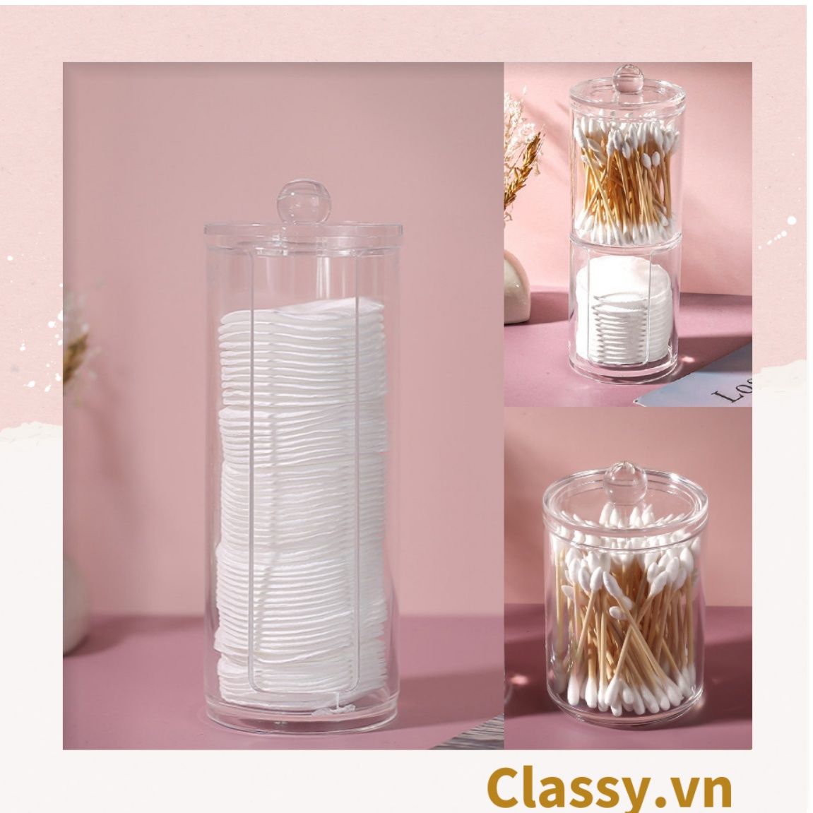  [GIAO HÀNG 7-25 NGÀY]  Hộp trụ tròn có nắp đựng tăm bông, bông tẩy trang, mỹ phẩm, hộp đựng trang sức chất liệu mica trong suốt tiện lợi, vệ sinh PK1715 