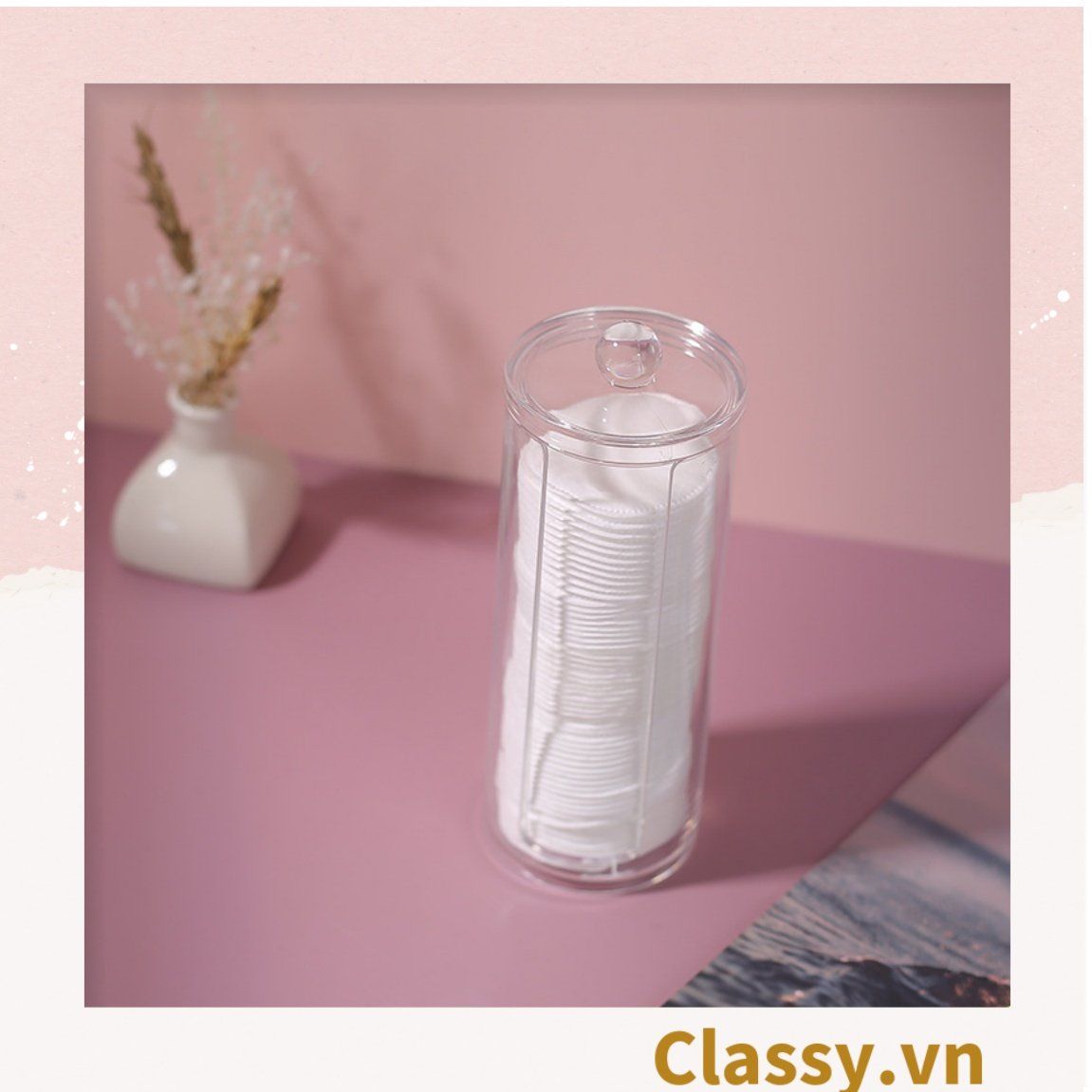  [GIAO HÀNG 7-25 NGÀY]  Hộp trụ tròn có nắp đựng tăm bông, bông tẩy trang, mỹ phẩm, hộp đựng trang sức chất liệu mica trong suốt tiện lợi, vệ sinh PK1715 