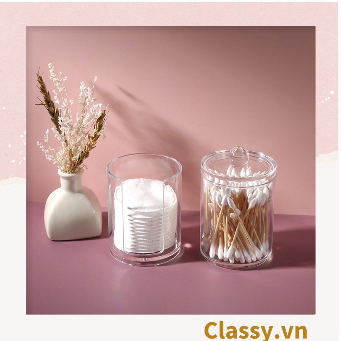  [GIAO HÀNG 7-25 NGÀY]  Hộp trụ tròn có nắp đựng tăm bông, bông tẩy trang, mỹ phẩm, hộp đựng trang sức chất liệu mica trong suốt tiện lợi, vệ sinh PK1715 