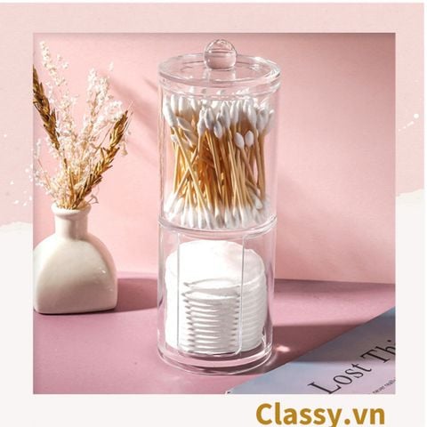  Hộp trụ tròn có nắp đựng tăm bông, bông tẩy trang, mỹ phẩm, hộp đựng trang sức chất liệu mica trong suốt tiện lợi, vệ sinh PK1715 [HÀNG ORDER 5-7 NGÀY | ÁP DỤNG ĐƠN TỪ 2 TRIỆU | CÓ THỂ IN LOGO] 