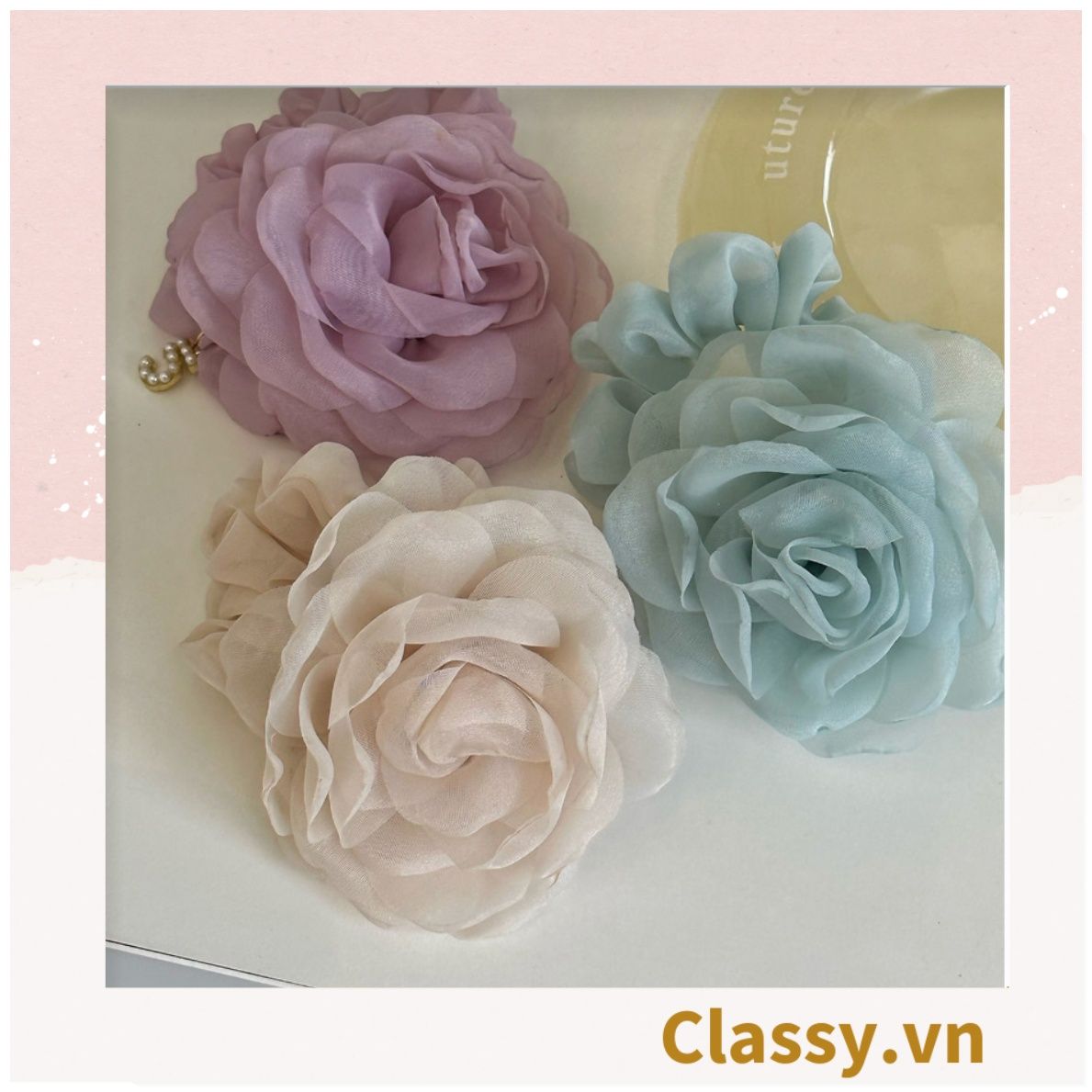  [GIAO HÀNG 7-25 NGÀY]  Dây cột tóc scrunchies gắn hoa mẫu đơn phụ kiện tóc hoa mẫu đơn to bản, nữ tính, thanh lịch dành cho nữ PK1776 