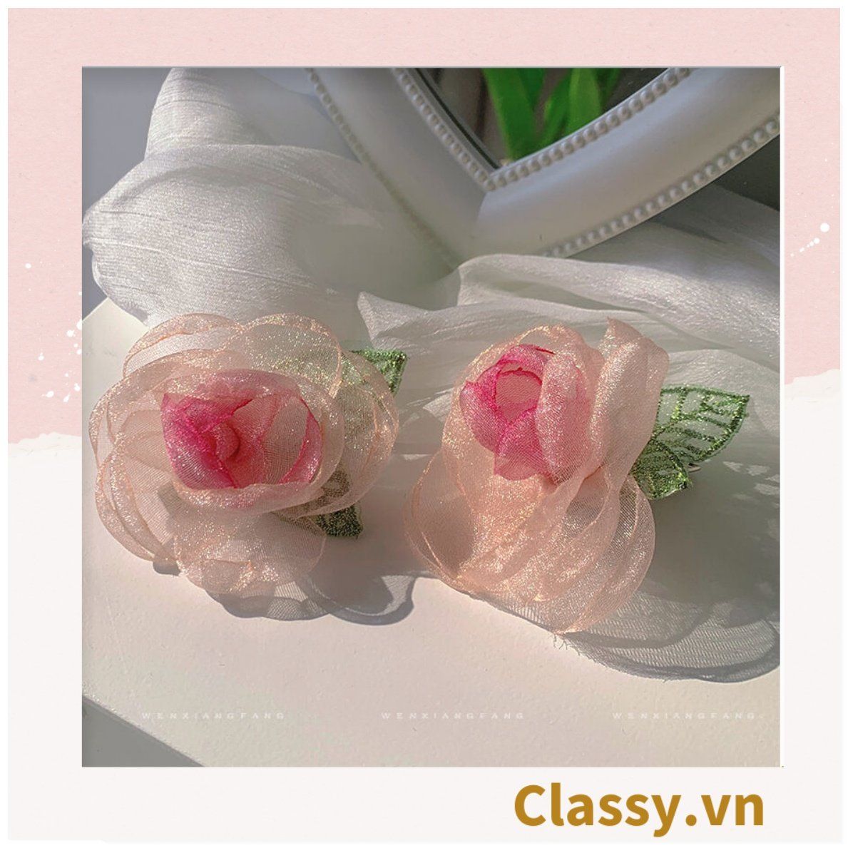  Dây cột tóc hoa hồng vải voan,  phụ kiện tóc hoa hồng nữ tính, thun buộc tóc đính nơ trắng đáng yêu phong cách hàn quốc dành cho nữ PK1785 