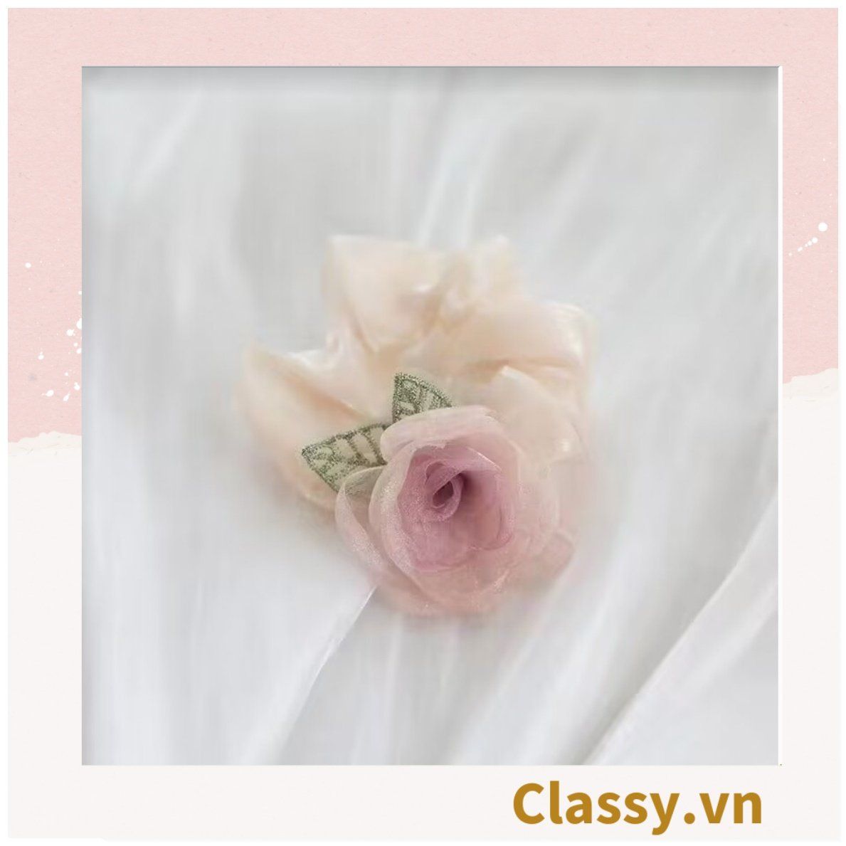  Dây cột tóc hoa hồng vải voan,  phụ kiện tóc hoa hồng nữ tính, thun buộc tóc đính nơ trắng đáng yêu phong cách hàn quốc dành cho nữ PK1785 