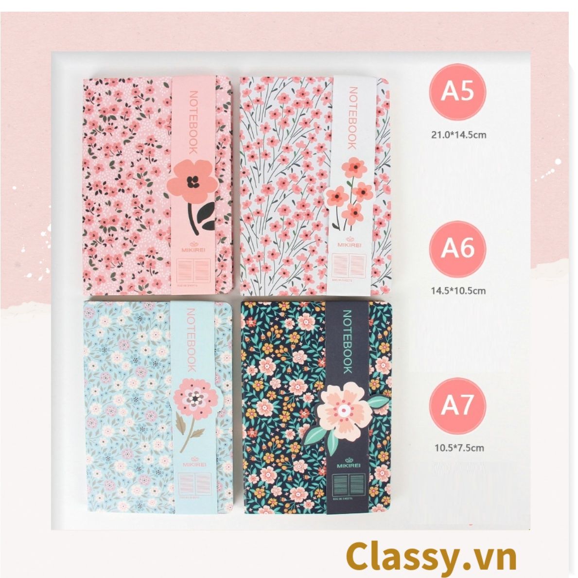  Sổ tay bìa cứng họa tiết hoa vintage kích thước A5 hoặc A7, 192 trang PK1792 Classy Floral 