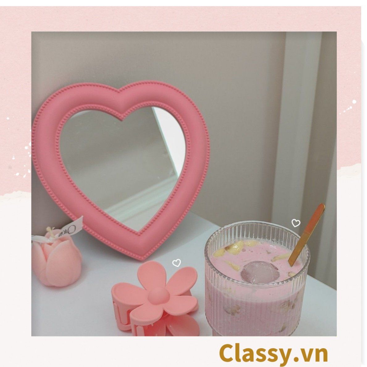  [GIAO HÀNG 7-25 NGÀY] Gương soi cầm tay hình trái tim Kích thước 17.5*18.5cm màu hồng PK1823 