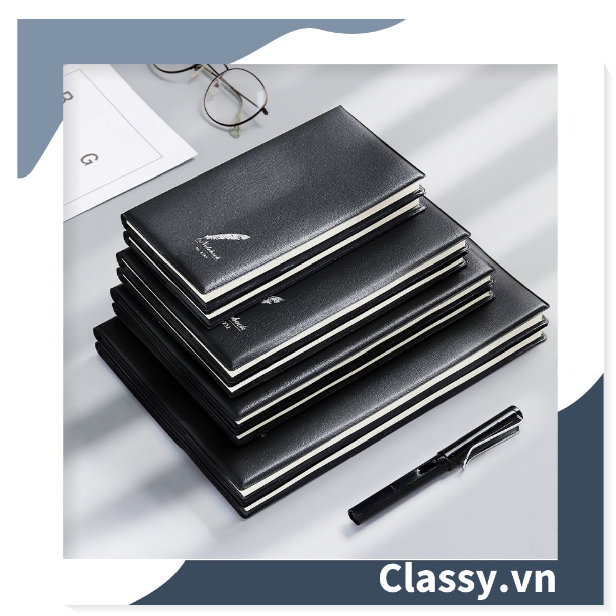  Sổ bìa da đen nhiều kích thước - Classy Notebook ghi chép cuộc họp, lập kế hoạch kinh doanh- 224 trang bìa tối giản- PK1834 