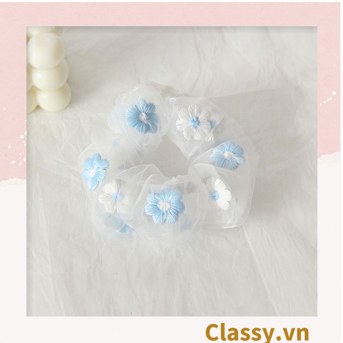  Dây cột tóc Scrunchies vải trong suốt thêu hoa PK549 