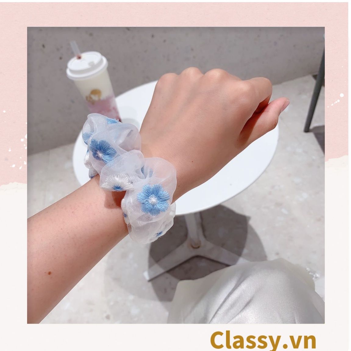  Dây cột tóc Scrunchies vải trong suốt thêu hoa PK549 