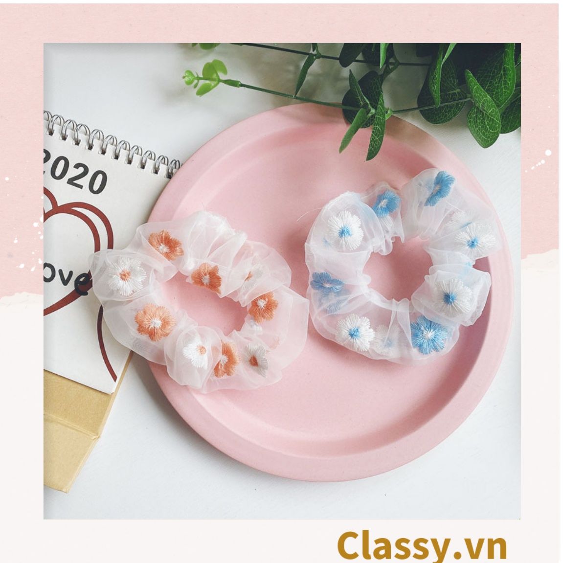  Dây cột tóc Scrunchies vải trong suốt thêu hoa PK549 