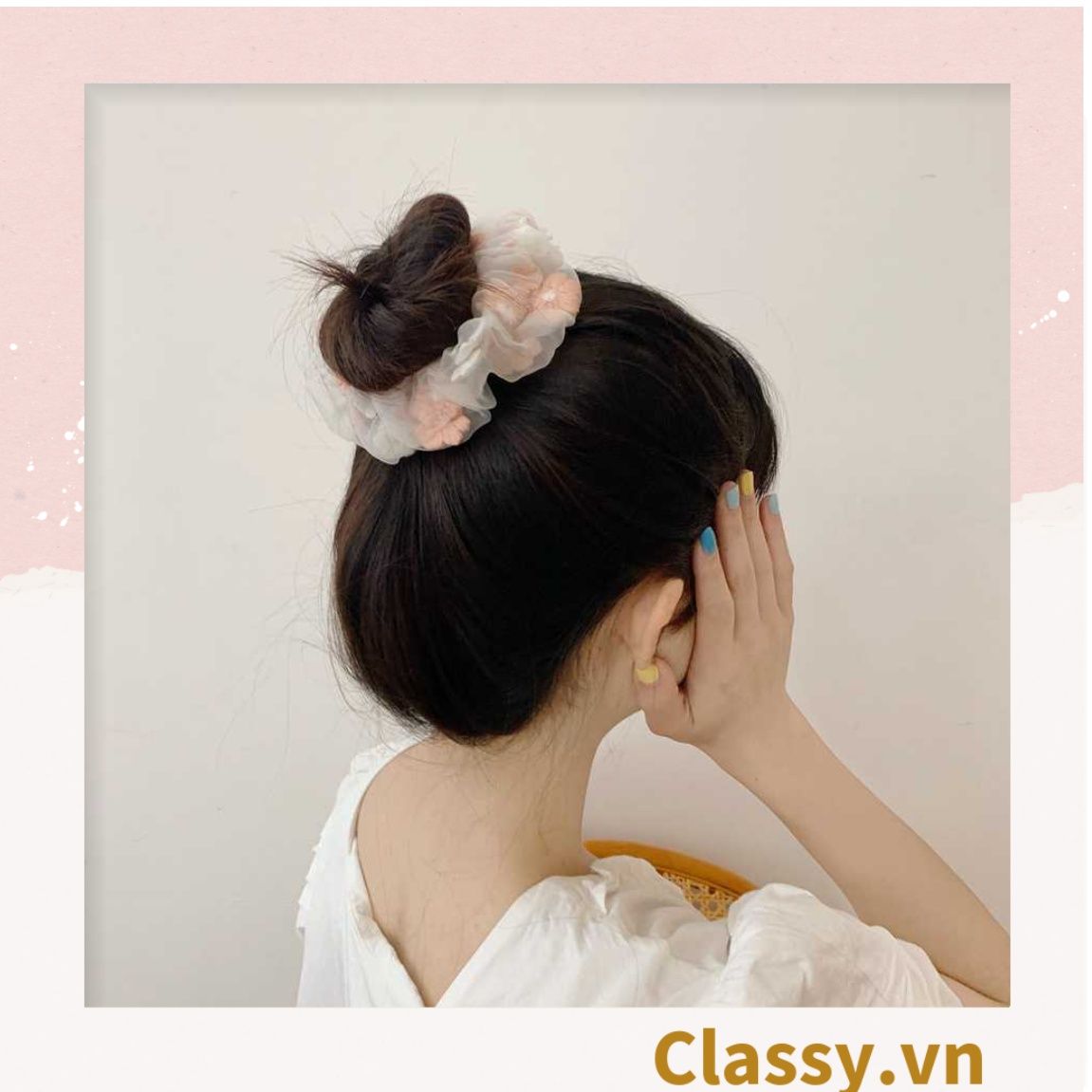  Dây cột tóc Scrunchies vải trong suốt thêu hoa PK549 