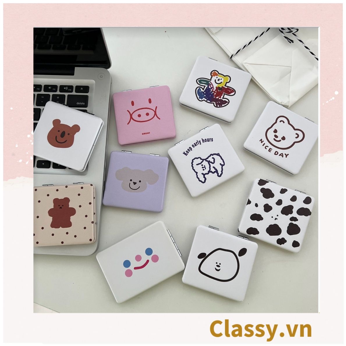  Gương trang điểm cầm tay mini 2 mặt bỏ túi kèm lược, Gương cầm tay mini Hàn Quốc siêu cute, Gương hoạt hình PK569 