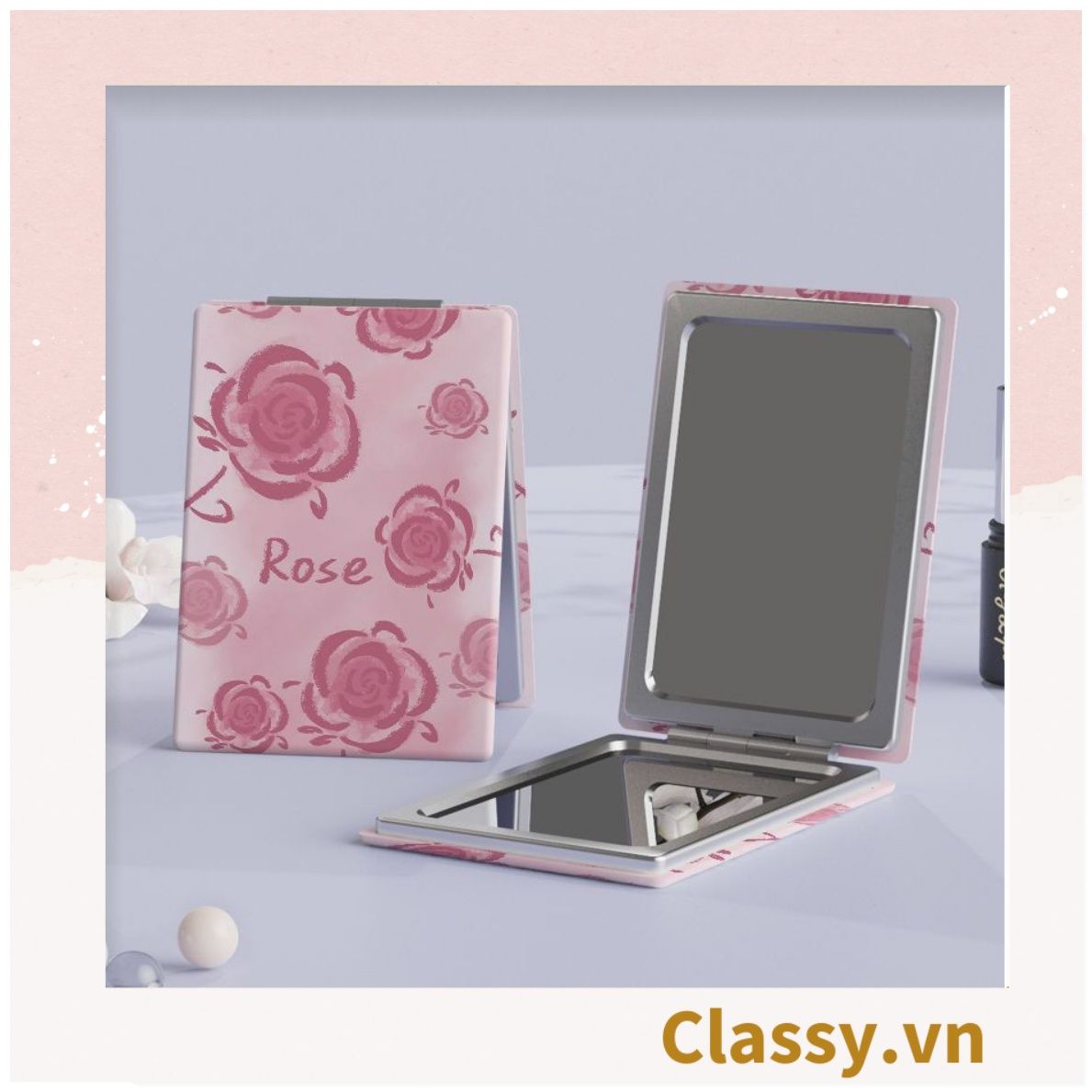  Gương trang điểm cầm tay mini 2 mặt bỏ túi kèm lược, Gương cầm tay mini Hàn Quốc siêu cute, Gương Vintage Hoa hồng PK569 