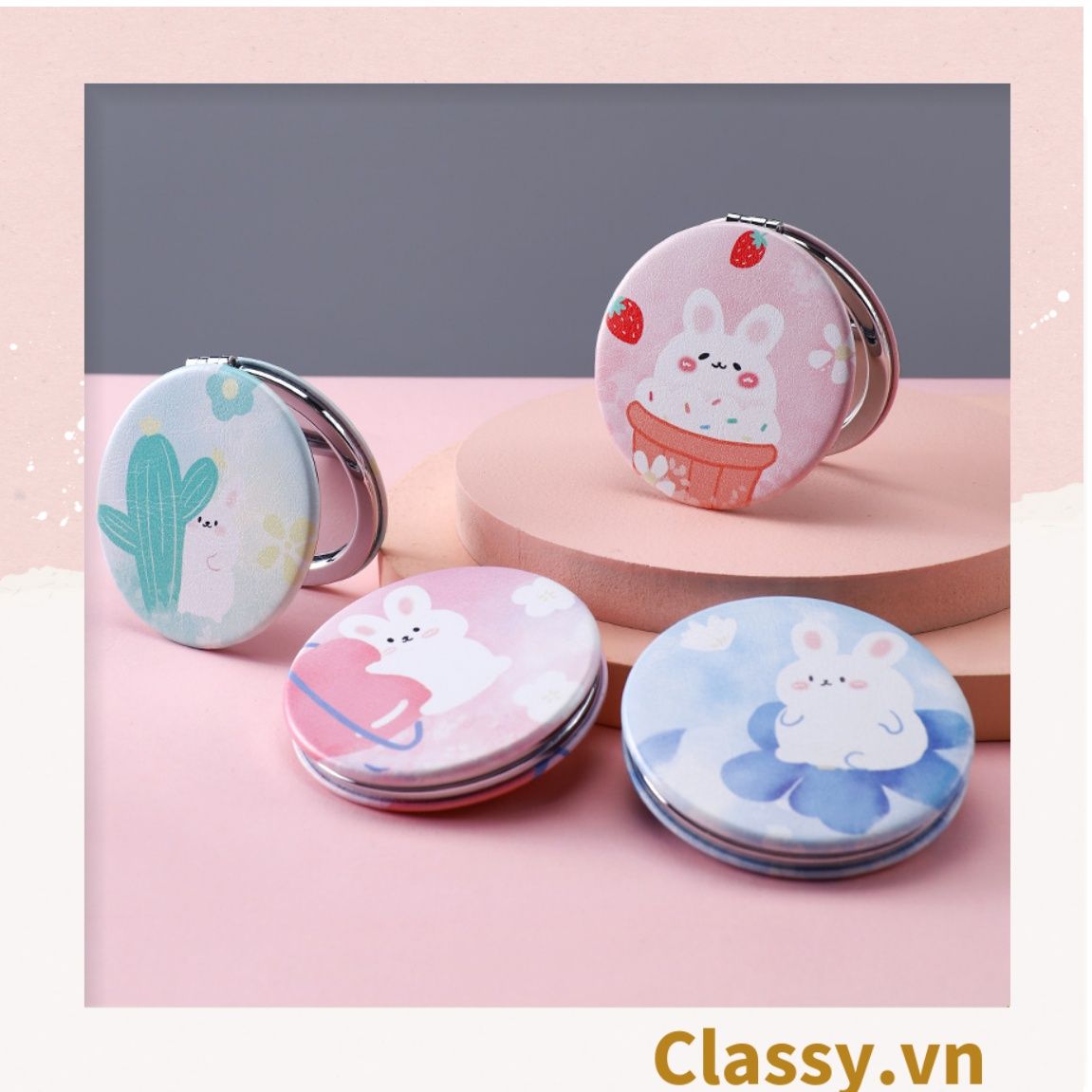  Gương trang điểm cầm tay size lớn họa tiết  2 mặt bỏ túi, Gương cầm tay mini Hàn Quốc siêu cute, Gương hoạt hình PK570 