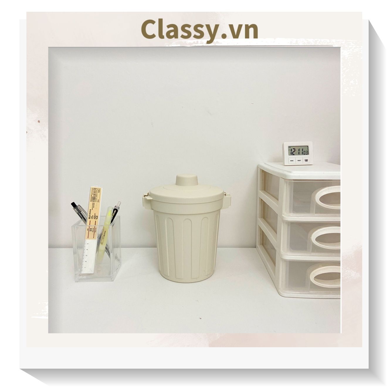  [GIAO HÀNG 7-25 NGÀY] COMBO 20 (THÙNG TRƠN) Thùng rác mini, hộp đựng nhỏ hình chiếc xô để bàn học bàn làm việc có nắp đậy tiện lợi màu ghi PK639 
