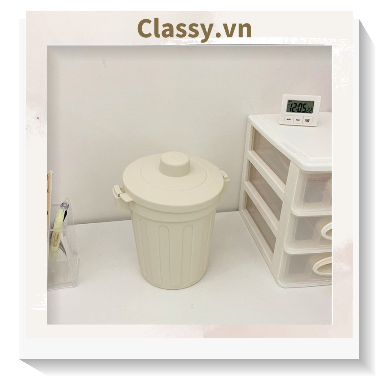  [GIAO HÀNG 7-25 NGÀY] COMBO 20 (THÙNG TRƠN) Thùng rác mini, hộp đựng nhỏ hình chiếc xô để bàn học bàn làm việc có nắp đậy tiện lợi màu ghi PK639 