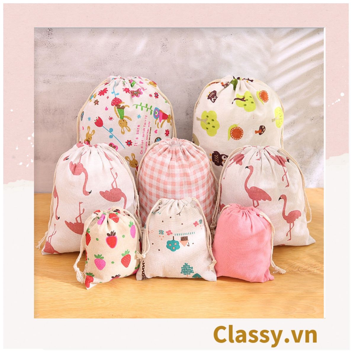  Túi cotton lanh dây rút mini đựng đồ đi du lịch xinh xắn tiện dụng PK646 