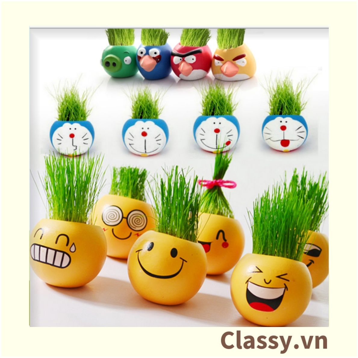  Chậu cây cảnh bằng nhựa mini hình mặt cười đáng yêu, Emojji đẹp, chậu cây hình em bé baby xinh, tặng kèm đất và hạt giống cỏ tóc PK655 