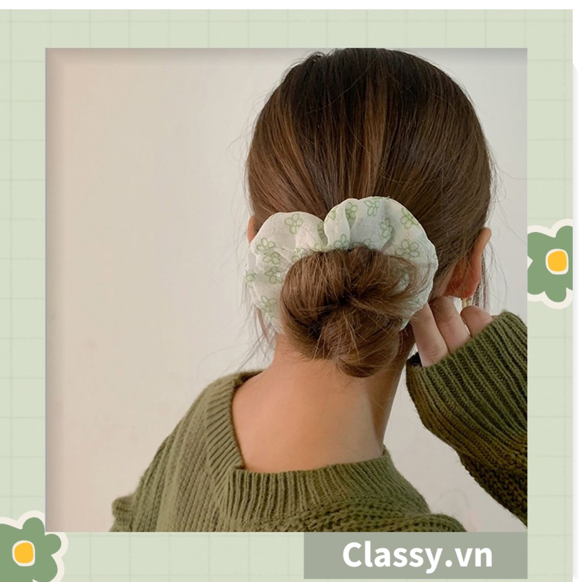  Scrunchies buộc tóc  nhiều họa tiết; tông màu xanh lá nữ tính thanh lịch PK705 