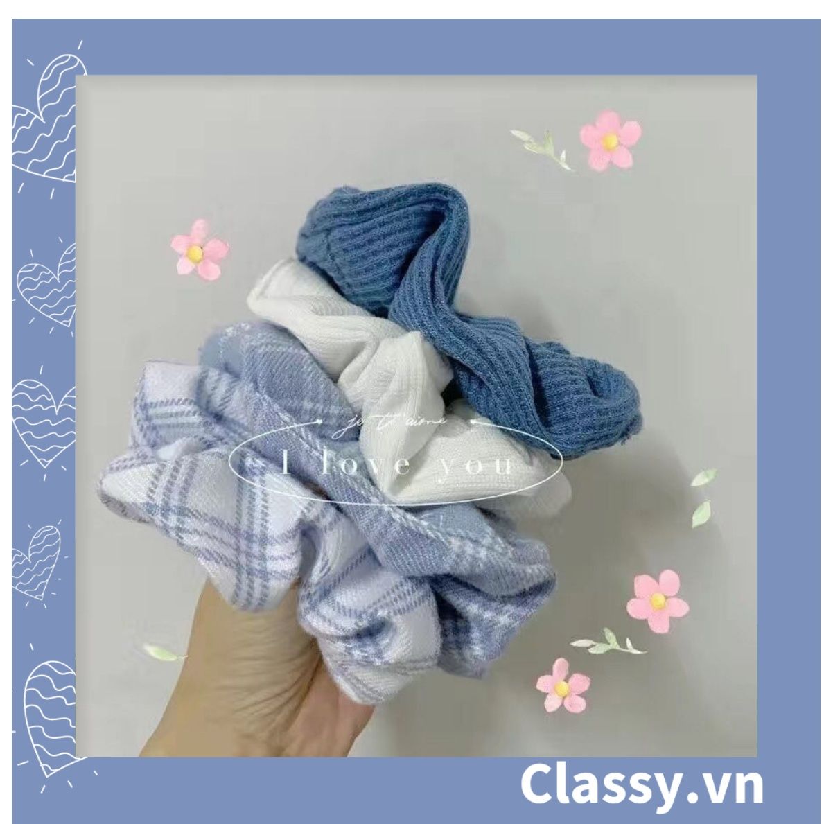  Scrunchies buộc tóc  nhiều họa tiết; tông màu xanh biển nữ tính thanh lịch PK706 