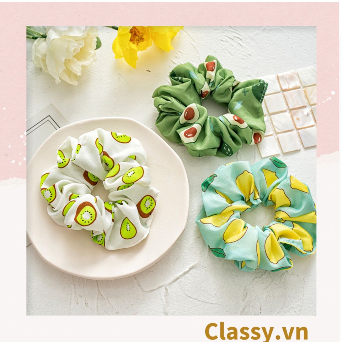  [GIAO HÀNG 7-3042 NGÀY]  Scrunchies buộc tóc  nhiều họa tiết; họa tiết trái cây nữ tính thanh lịch PK707-PK708 