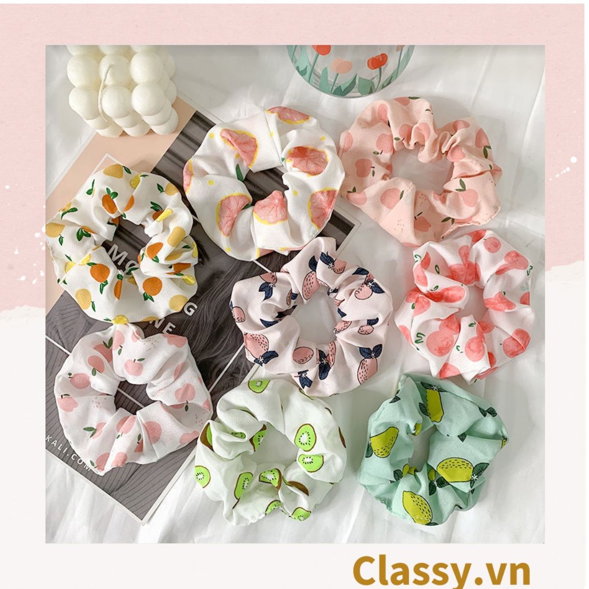  [GIAO HÀNG 7-3042 NGÀY]  Scrunchies buộc tóc  nhiều họa tiết; họa tiết trái cây nữ tính thanh lịch PK707-PK708 