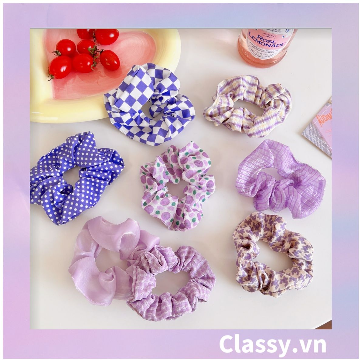  Scrunchies buộc tóc  nhiều họa tiết; họa tiết tông màu tím tính thanh lịch PK709 