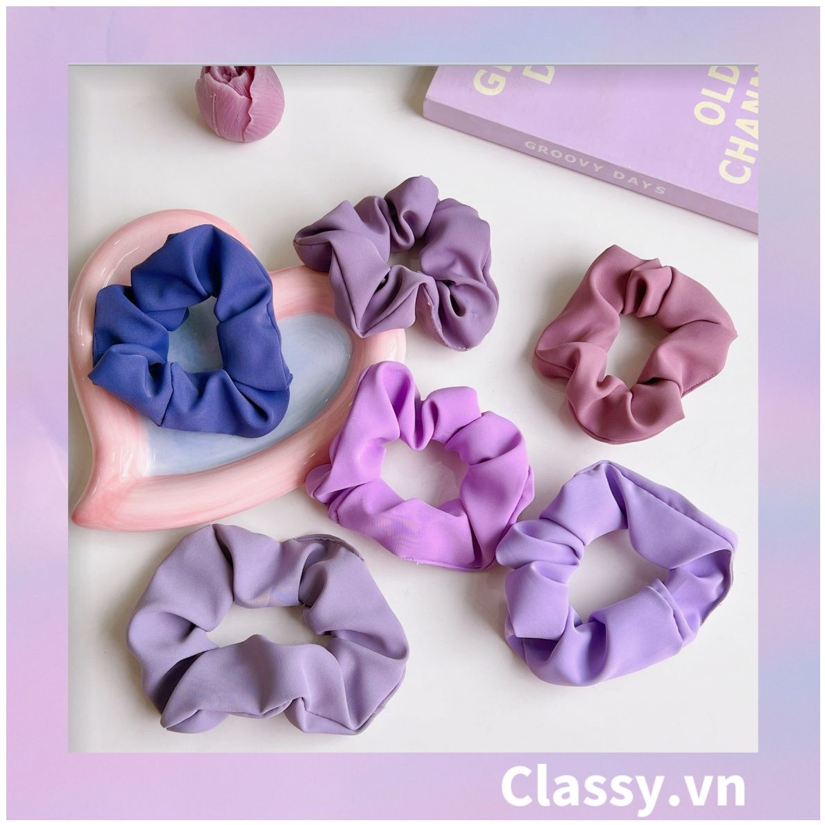  Scrunchies buộc tóc  nhiều họa tiết; họa tiết tông màu tím tính thanh lịch PK709 