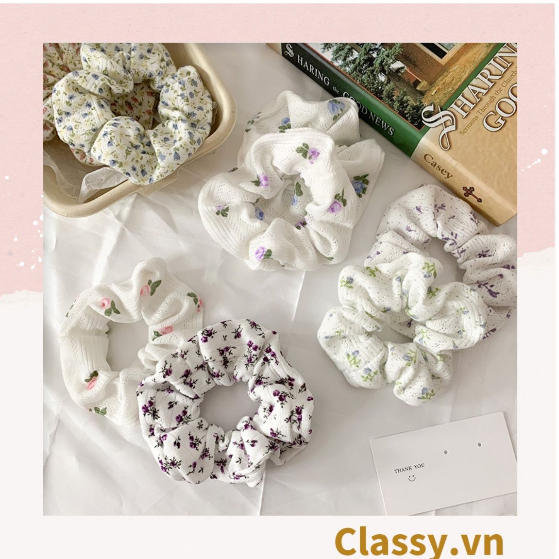  Scrunchies buộc tóc họa tiết  hoa nhí vintage, nữ tính thanh lịch PK711 