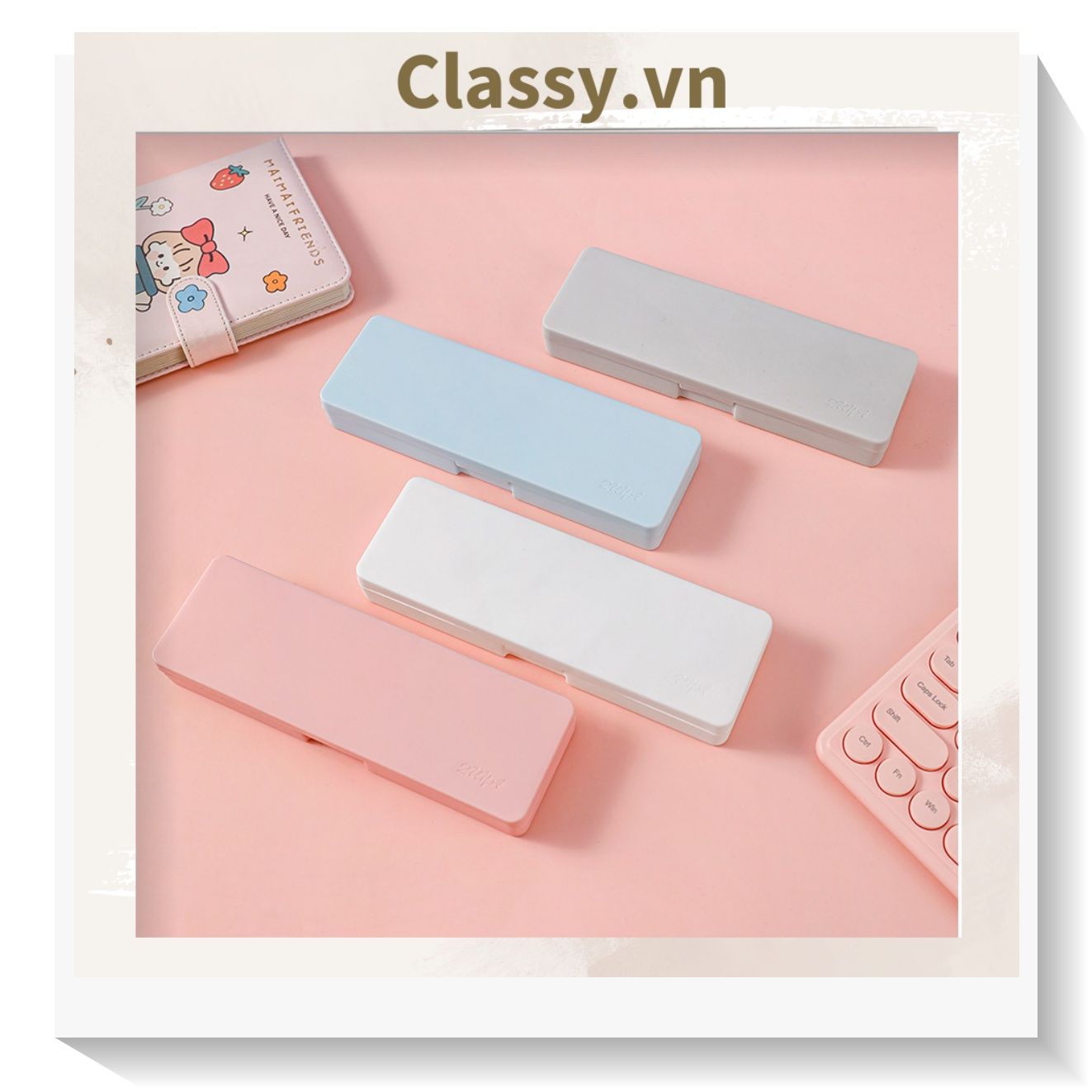  PK725 Hộp đựng bút chất liệu nhựa màu pastel đính họa tiết hoạt hình ngộ nghĩnh xinh xẻo 