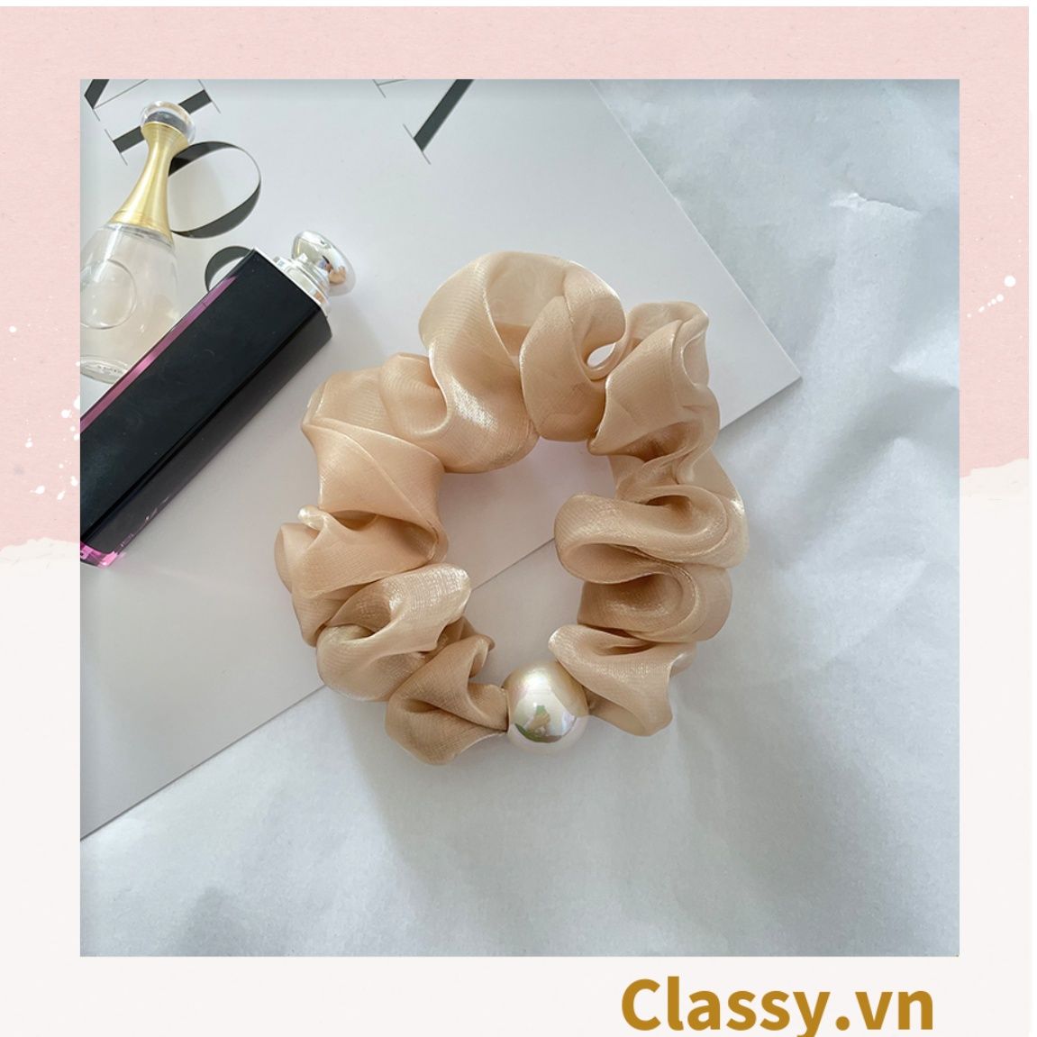  PK772 Scrunchies buộc tóc nhiều trơn màu, đính hạt; tông màu hoàng gia sang chảnh 