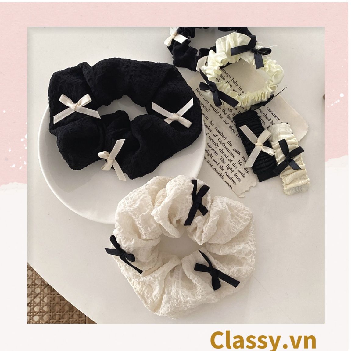  PK774 Bộ sưu tập hoàng gia - Scrunchies, kẹp tóc, nơ buộc tóc tông be, gắn ruy băng và đính đá nhiều lớp sang chảnh 