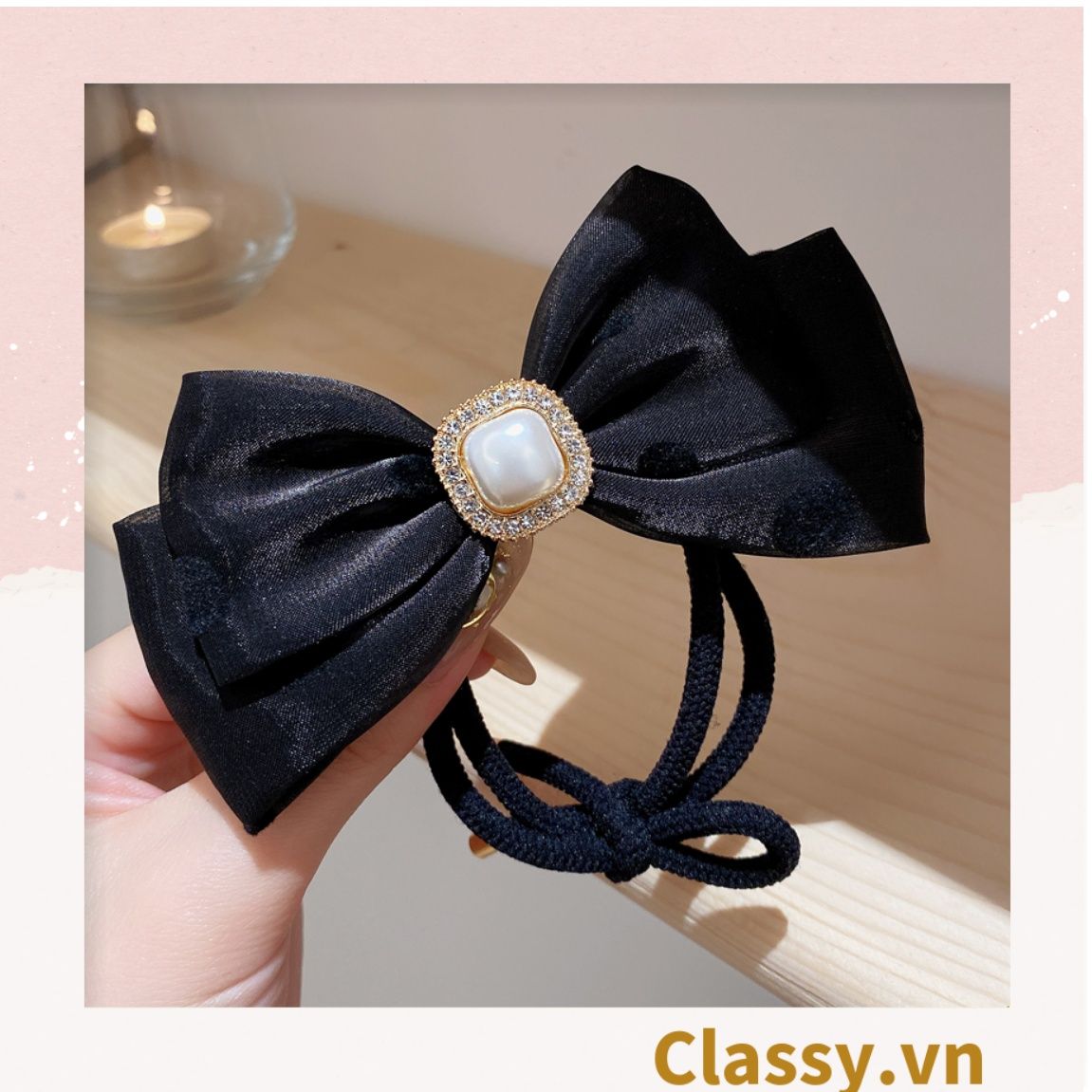  PK774 Bộ sưu tập hoàng gia - Scrunchies, kẹp tóc, nơ buộc tóc tông be, gắn ruy băng và đính đá nhiều lớp sang chảnh 