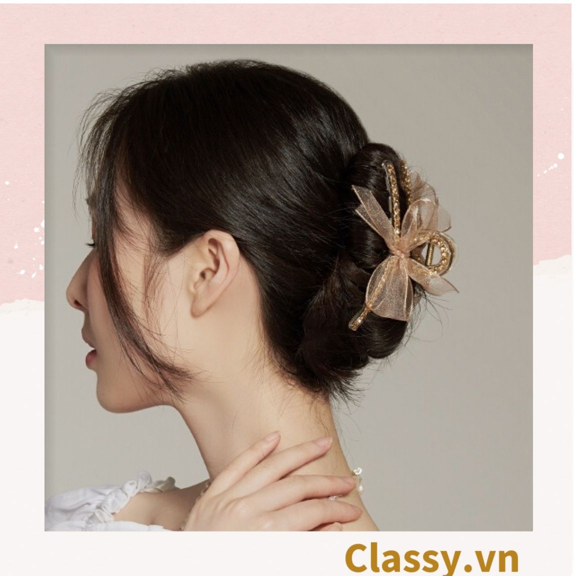  PK774 Bộ sưu tập hoàng gia - Scrunchies, kẹp tóc, nơ buộc tóc tông be, gắn ruy băng và đính đá nhiều lớp sang chảnh 