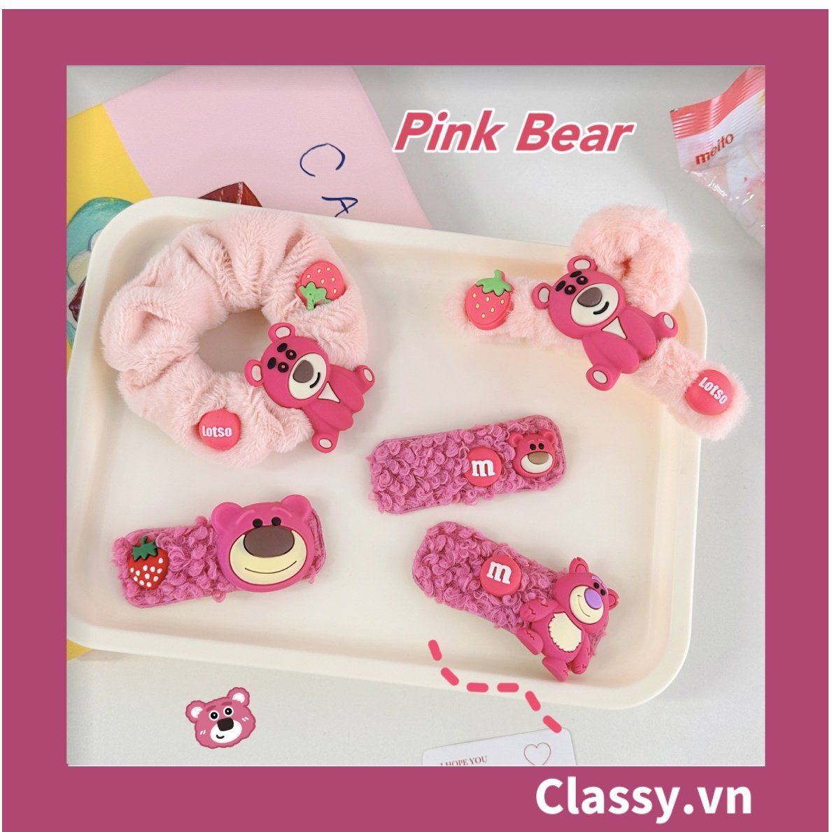  PK799 Bộ sưu tập dây cột tóc băng đô và kẹp tóc màu hồng tía, in hình gấu Teddy cute ngộ nghĩnh 