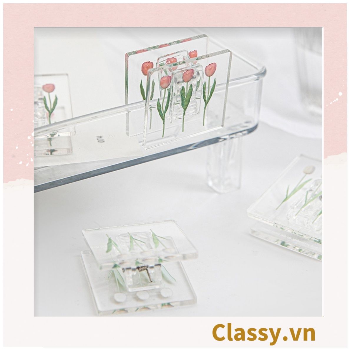  Kẹp giấy nhựa Acrylic trong suốt hoa tulips sử dụng kẹp dấu trang, kẹp giấy ,văn phòng phẩm sáng tạo tiện lợi PK937 