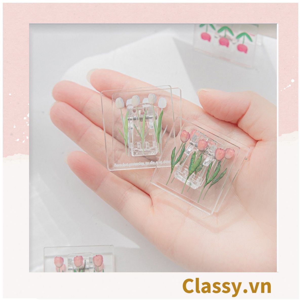  Kẹp giấy nhựa Acrylic trong suốt hoa tulips sử dụng kẹp dấu trang, kẹp giấy ,văn phòng phẩm sáng tạo tiện lợi PK937 