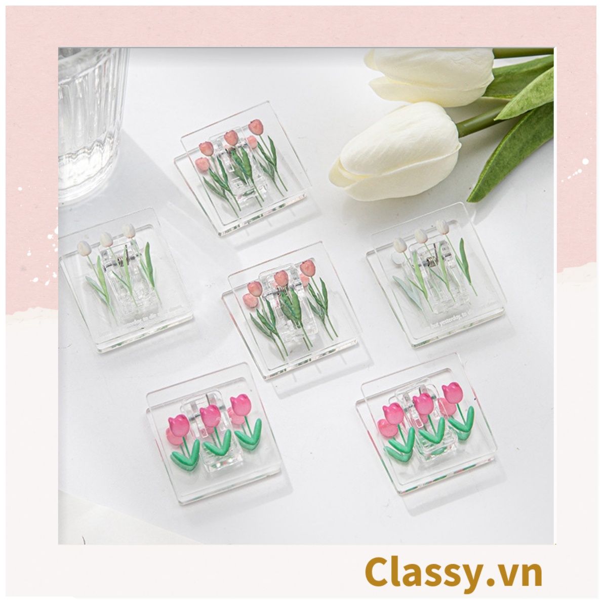  Kẹp giấy nhựa Acrylic trong suốt hoa tulips sử dụng kẹp dấu trang, kẹp giấy ,văn phòng phẩm sáng tạo tiện lợi PK937 